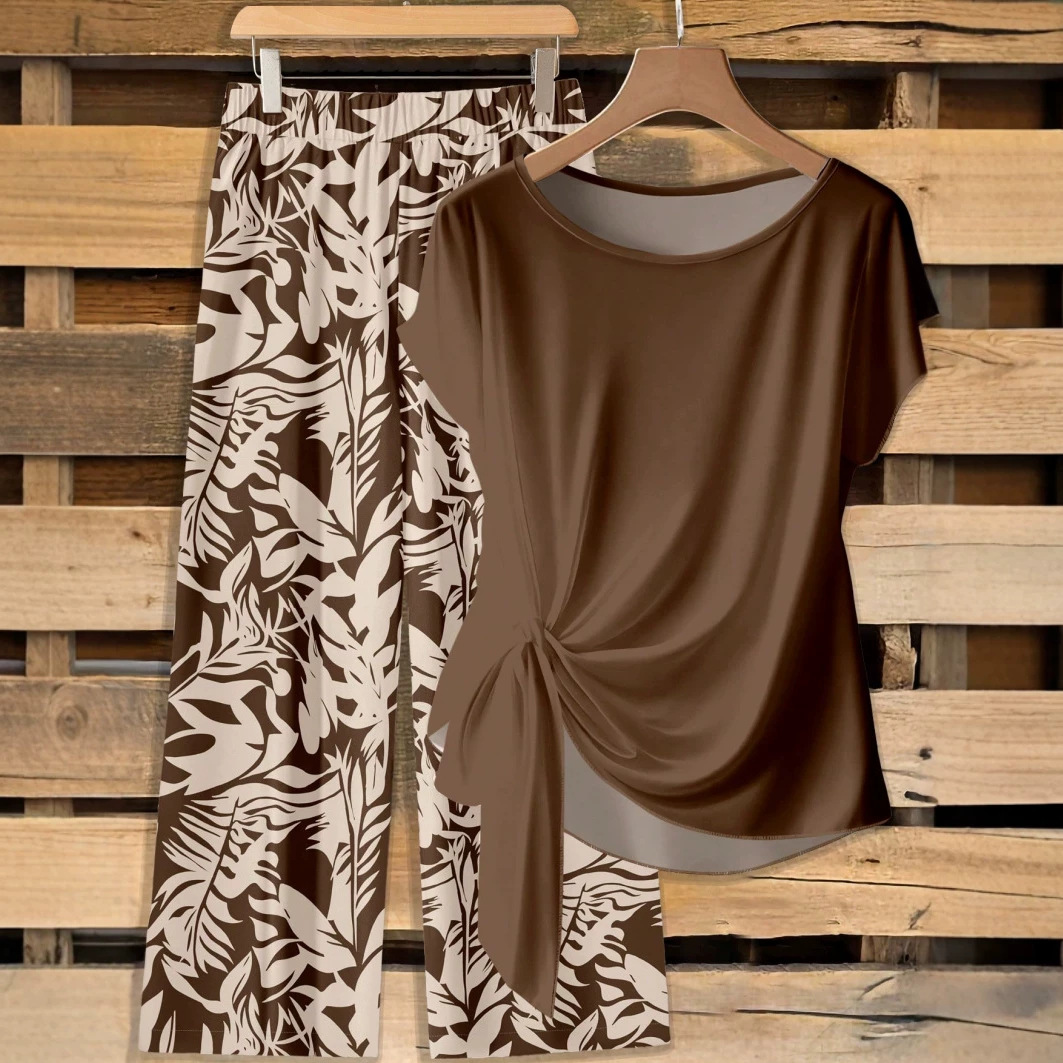 2 Piece Casual Minimalist Bowknot Shirt And Loose Pants Outfit Set