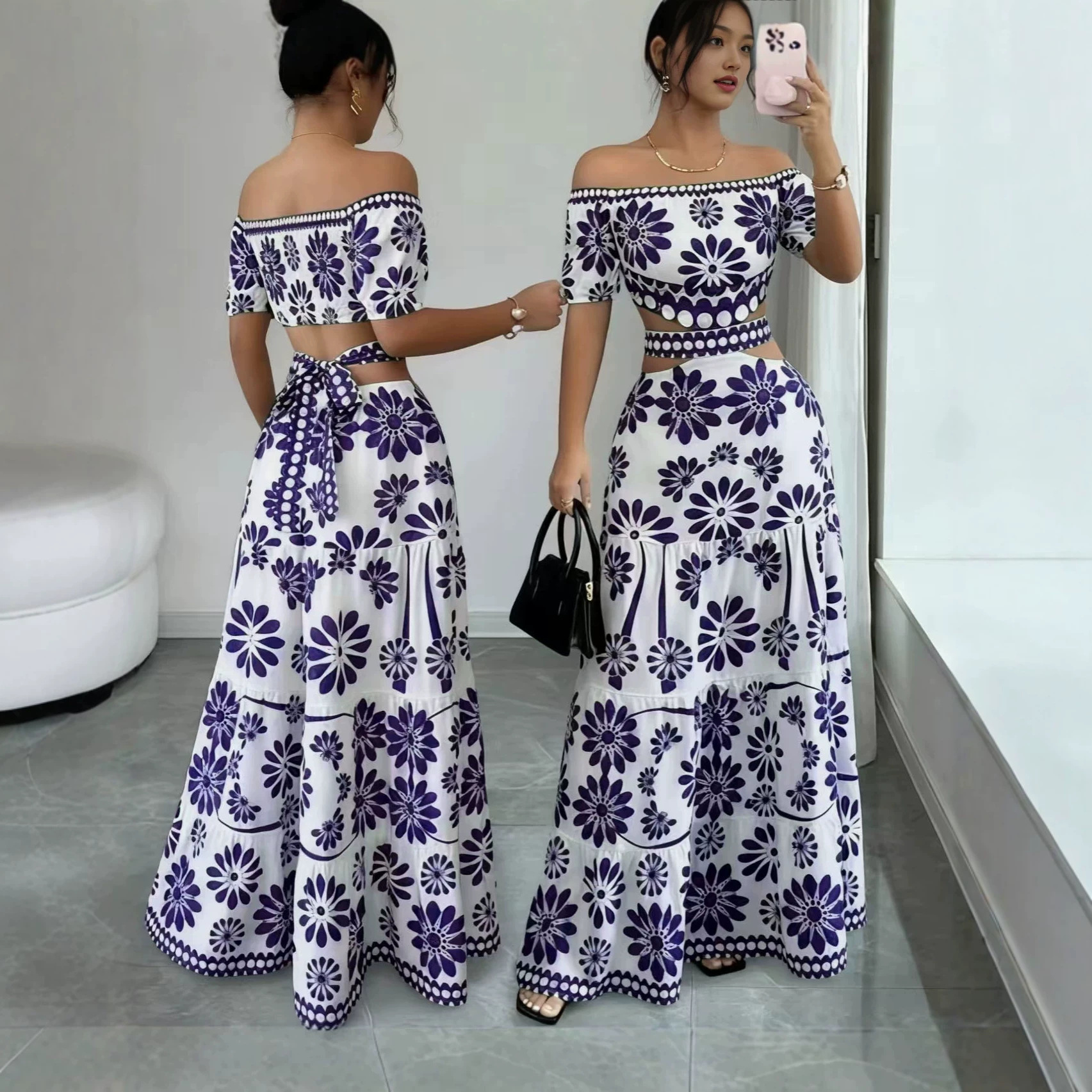 2 Piece Outfits for Women Boho Crop Top and Maxi Skirt Set Summer Short Sleeve Floral Print Beach Set