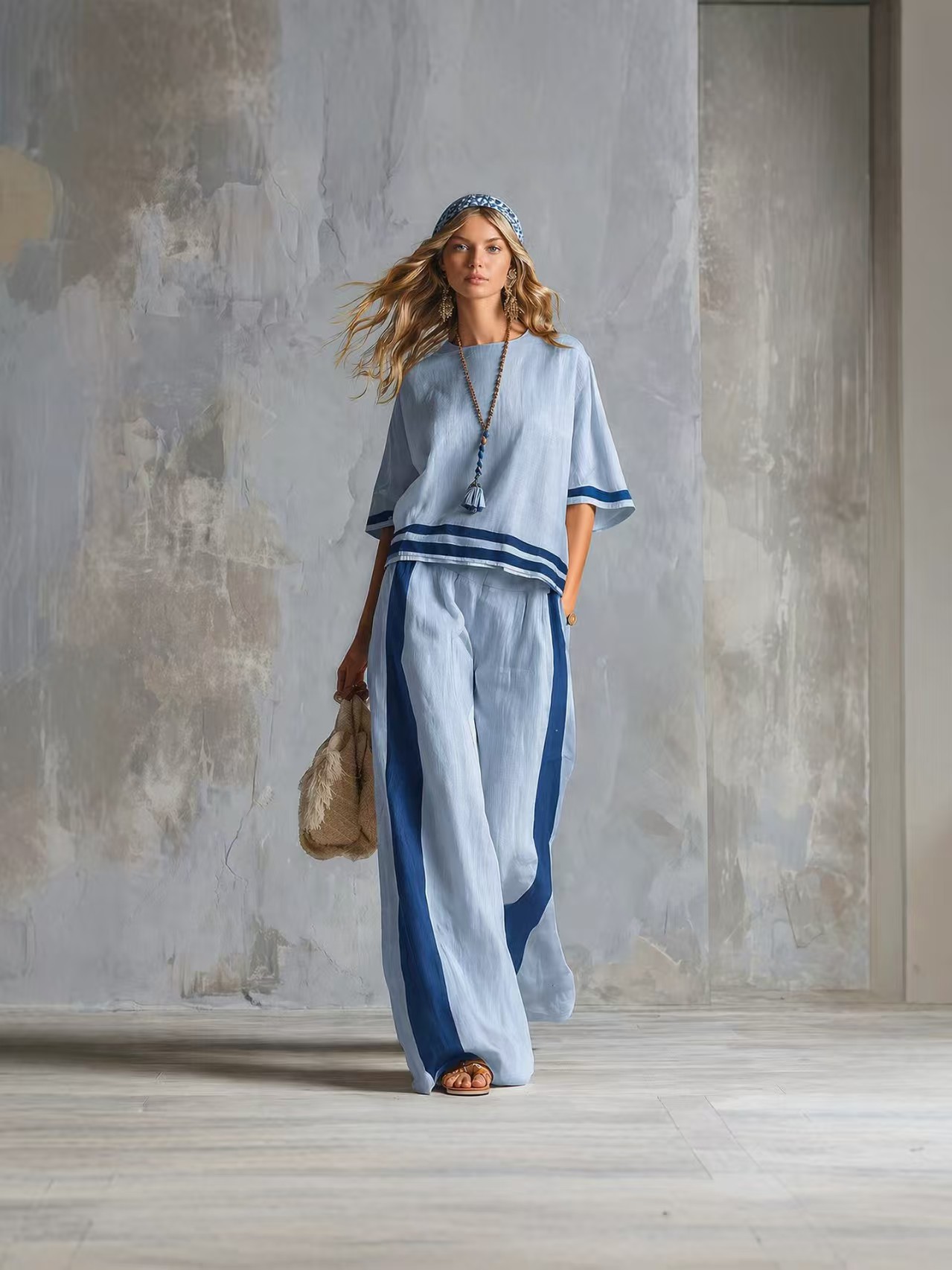 Casual Urban Style Contrast-Trimmed White T-Shirt & Wide-Leg Pants Cotton-Linen Set
