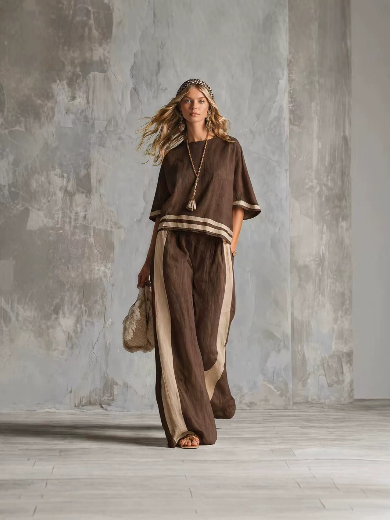 Casual Urban Style Contrast-Trimmed White T-Shirt & Wide-Leg Pants Cotton-Linen Set