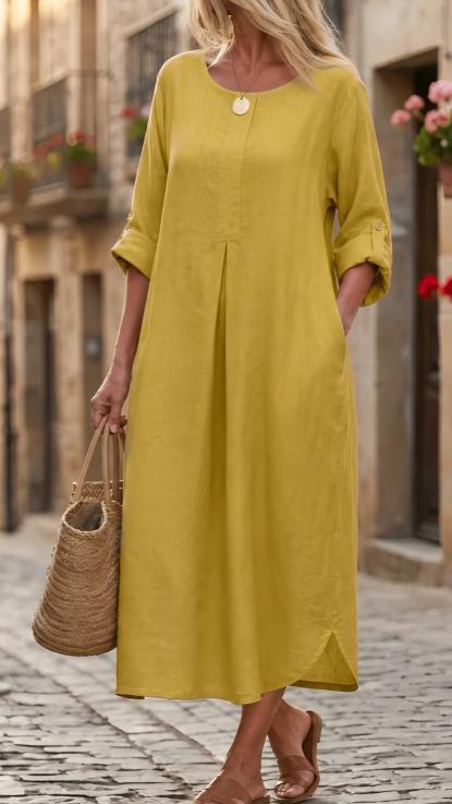 Solid-color short-sleeve cotton-linen dress