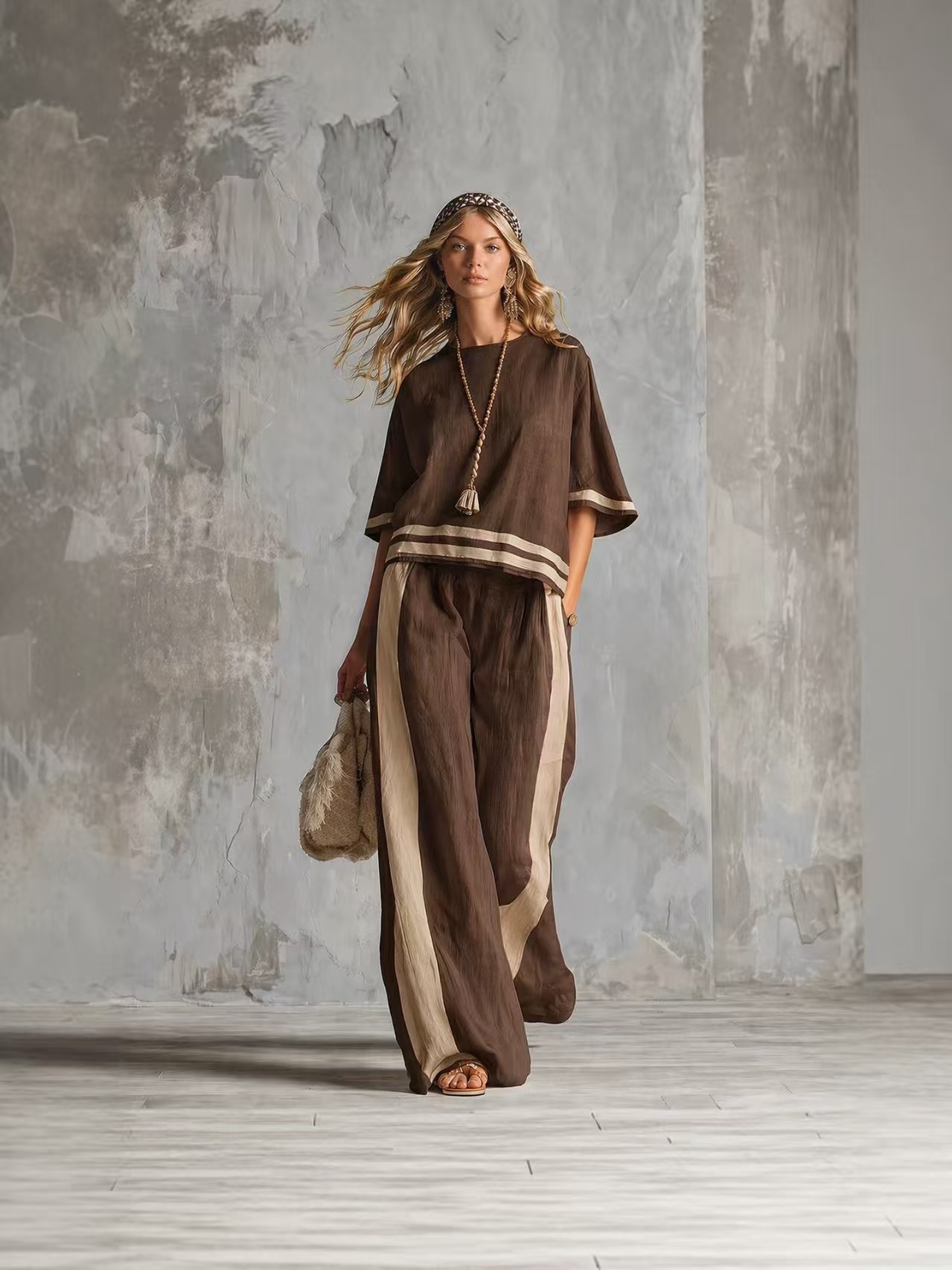 Casual Urban Style Contrast-Trimmed White T-Shirt & Wide-Leg Pants Cotton-Linen Set
