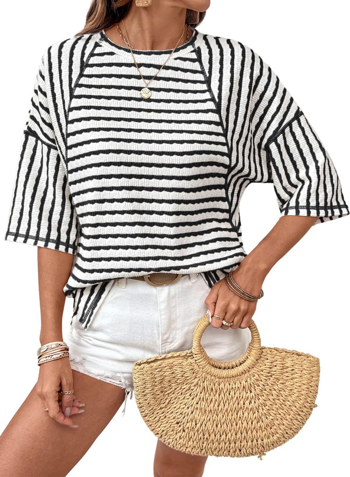  Relaxed Striped Short Sleeve Crop Top