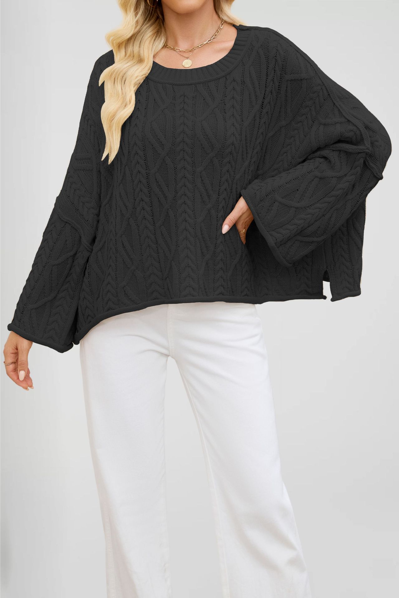 Women's Relaxed Cable Knit Pullover Sweater