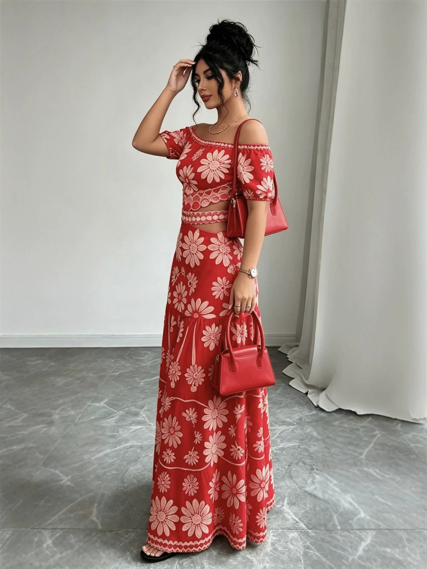 2 Piece Outfits for Women Boho Crop Top and Maxi Skirt Set Summer Short Sleeve Floral Print Beach Set