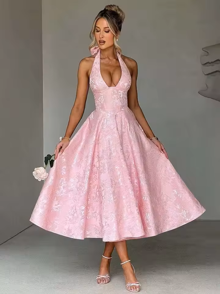 Townlike Jacquard Elegant Waist Wrap A-line Dress Women Halter 2026 Spring Summer Dress Midi Long Backless Sexy Party Dresses