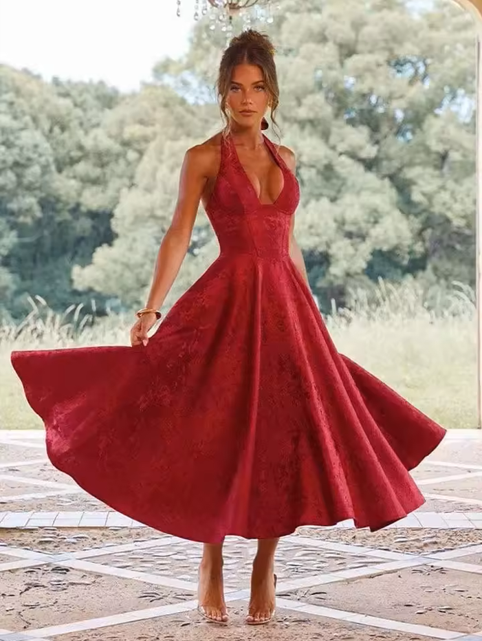 Townlike Jacquard Elegant Waist Wrap A-line Dress Women Halter 2026 Spring Summer Dress Midi Long Backless Sexy Party Dresses