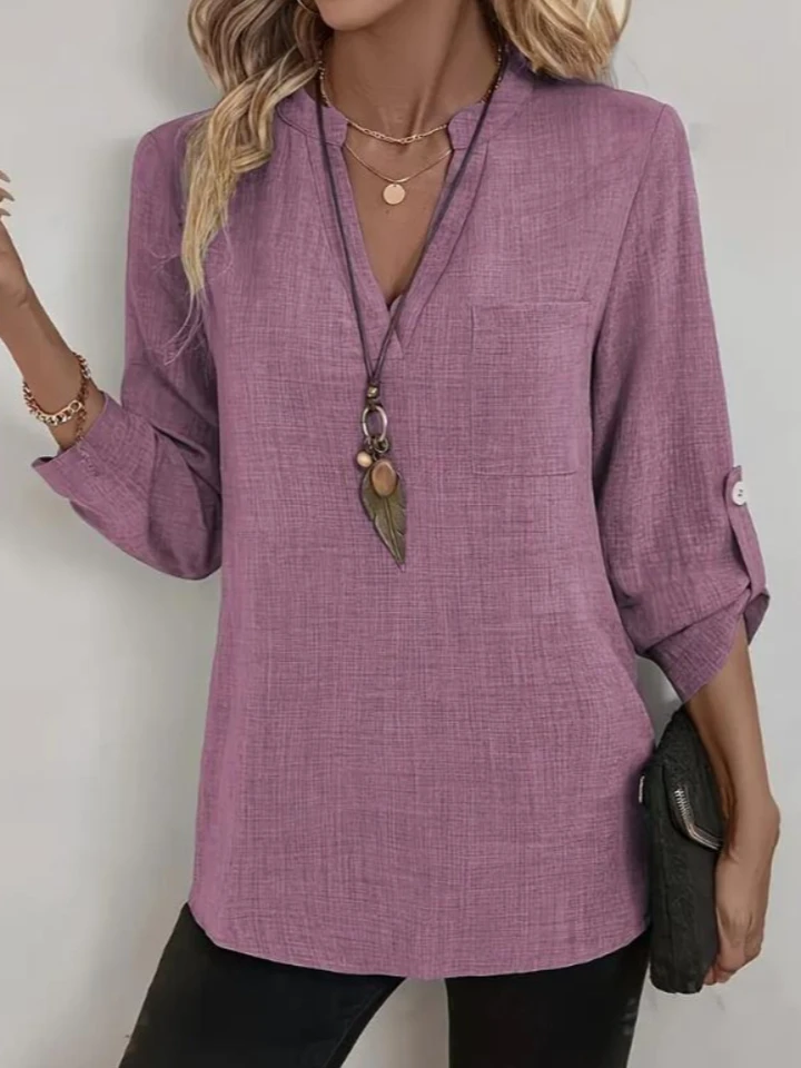Elegant Three-quarter Sleeve Solid Color Blouse V-neck Blouse Vintage Imitation Cotton Shirt Spring Casual Loose Pocket Tops