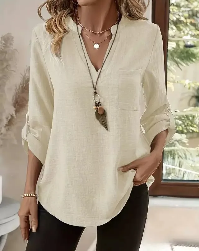 Elegant Three-quarter Sleeve Solid Color Blouse V-neck Blouse Vintage Imitation Cotton Shirt Spring Casual Loose Pocket Tops
