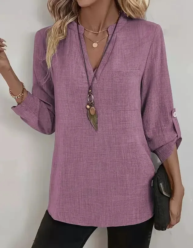 Elegant Three-quarter Sleeve Solid Color Blouse V-neck Blouse Vintage Imitation Cotton Shirt Spring Casual Loose Pocket Tops