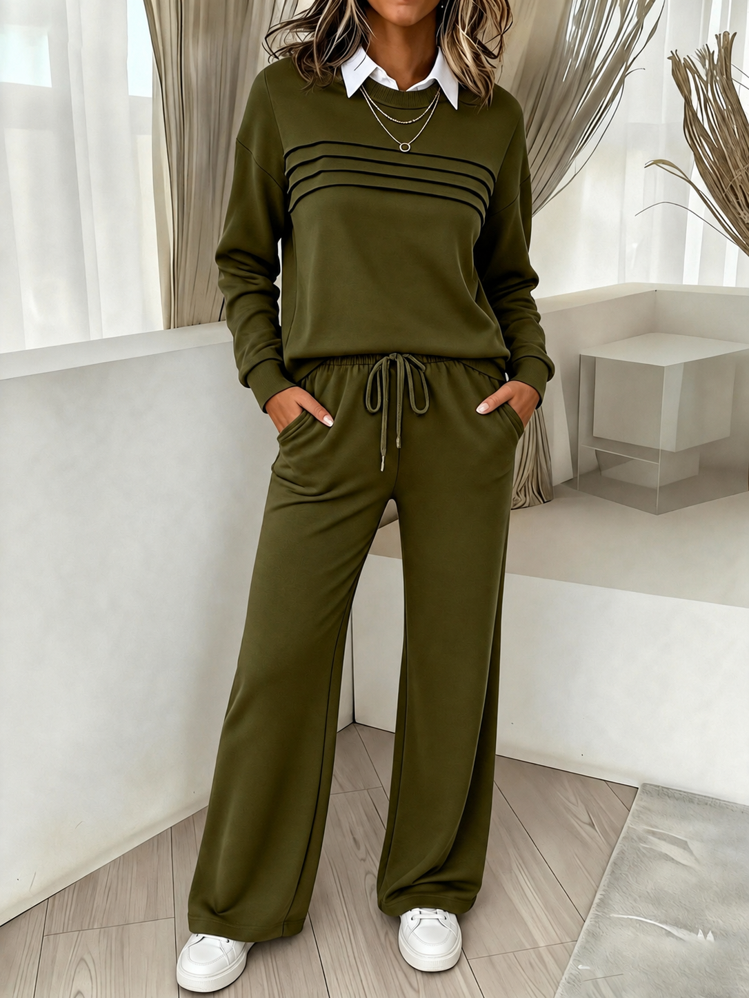 Women's Crew Neck Lounge Set - Soft Cotton Top & Drawstring Pants