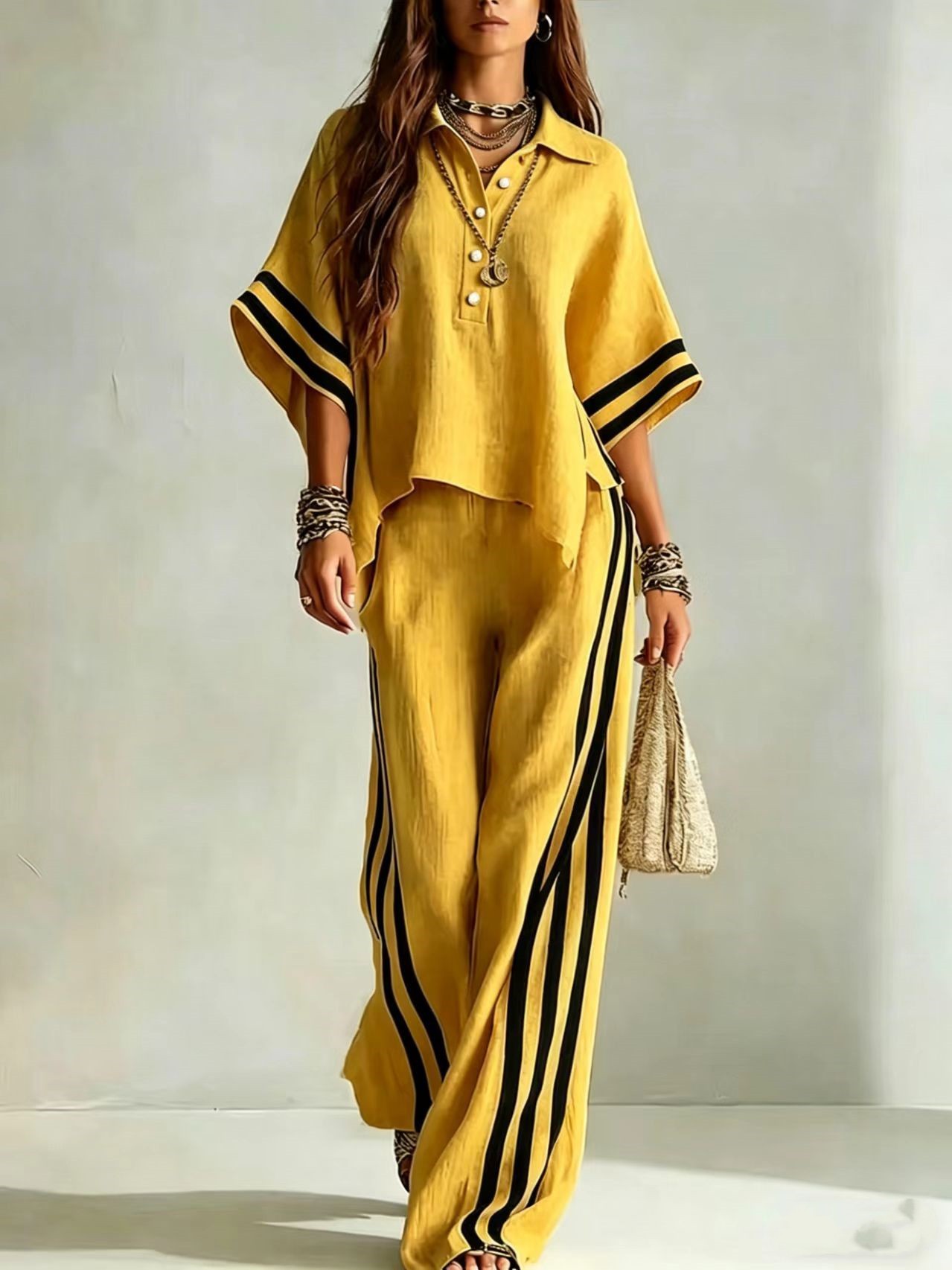 Women's Short-Sleeve Shirt and Loose Pants Two-Piece Set in White – elegant commuter polyester matching set