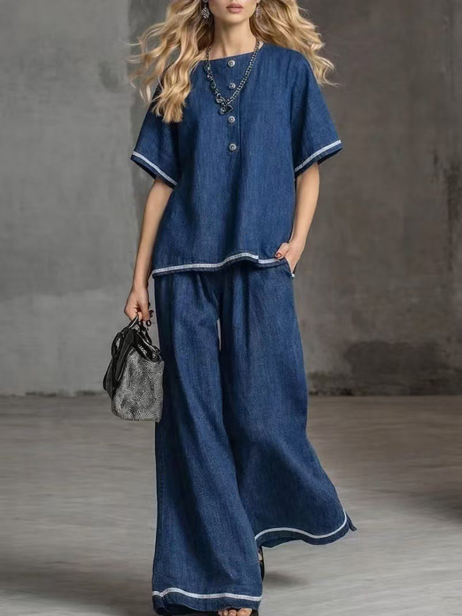 Loose Short Sleeves Buttoned Pockets Solid Color Round-Neck Blouses Top + Pants Bottom Two Pieces Set