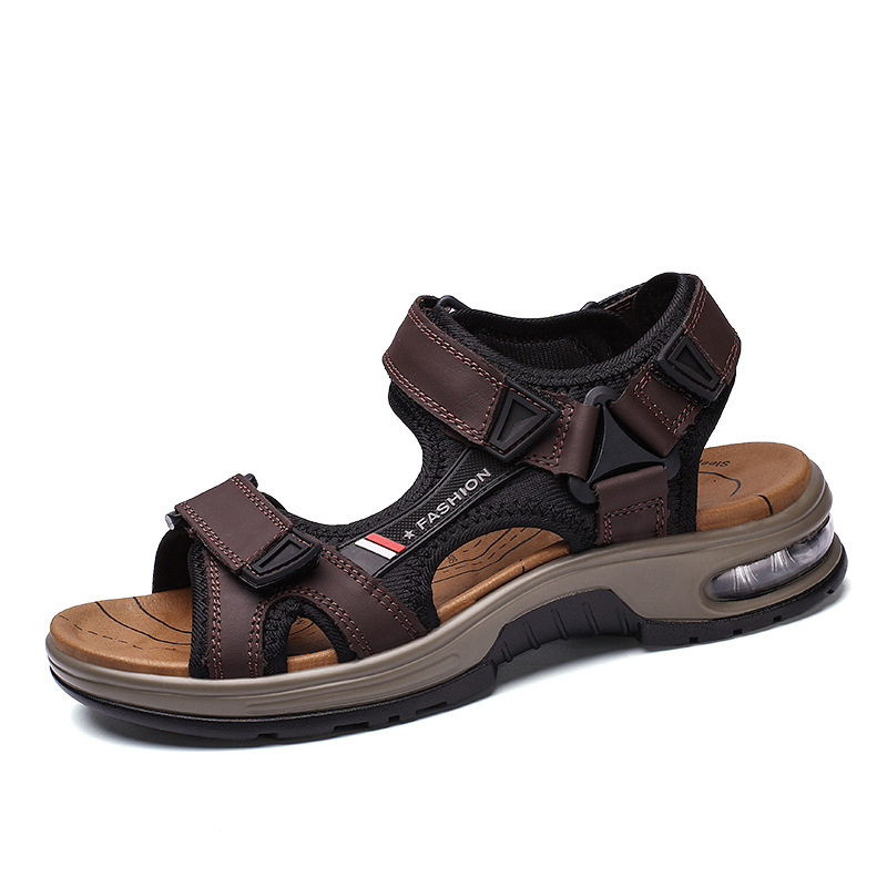 Leather men's sandals with air cushioning for softness, comfort, and relief from foot pain.