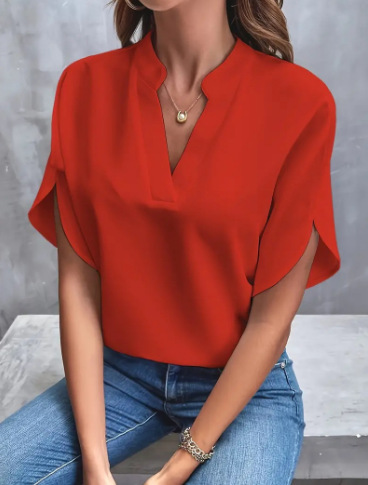 Elegant Women's Top: Solid-Color, Loose-Fit V-Neck Shirt