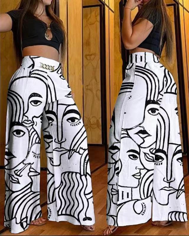 Solid color high-waisted wide-leg pants