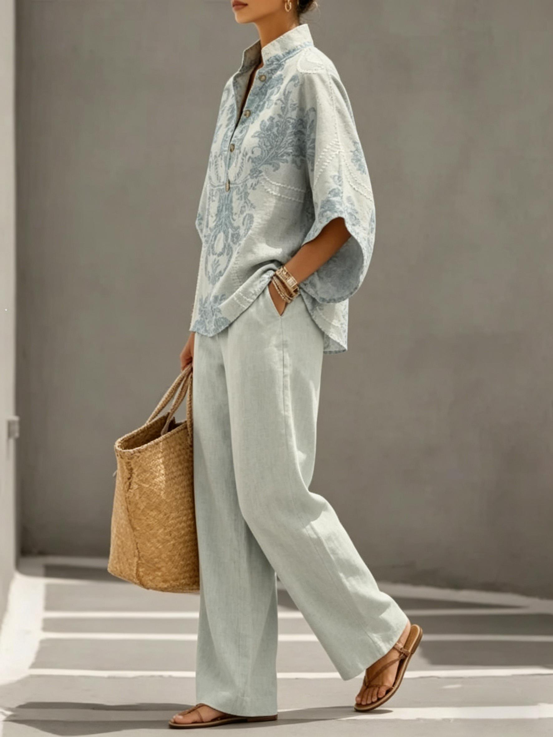 Stand-up collar shirt + wide-leg pants, a relaxed and casual vacation outfit