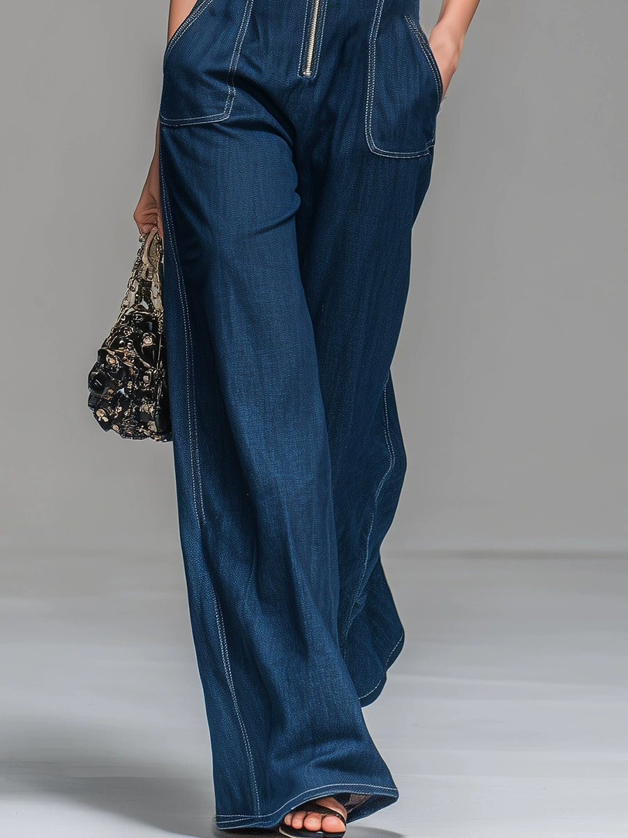 Spring/Summer Casual Fashion Retro Stand Collar Zipper Sleeveless Jumpsuit