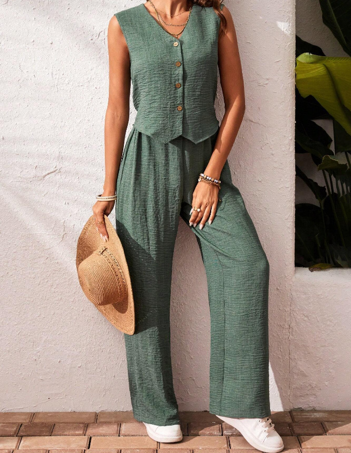 V-Neck Button-Front Vest and Trousers Casual Set
