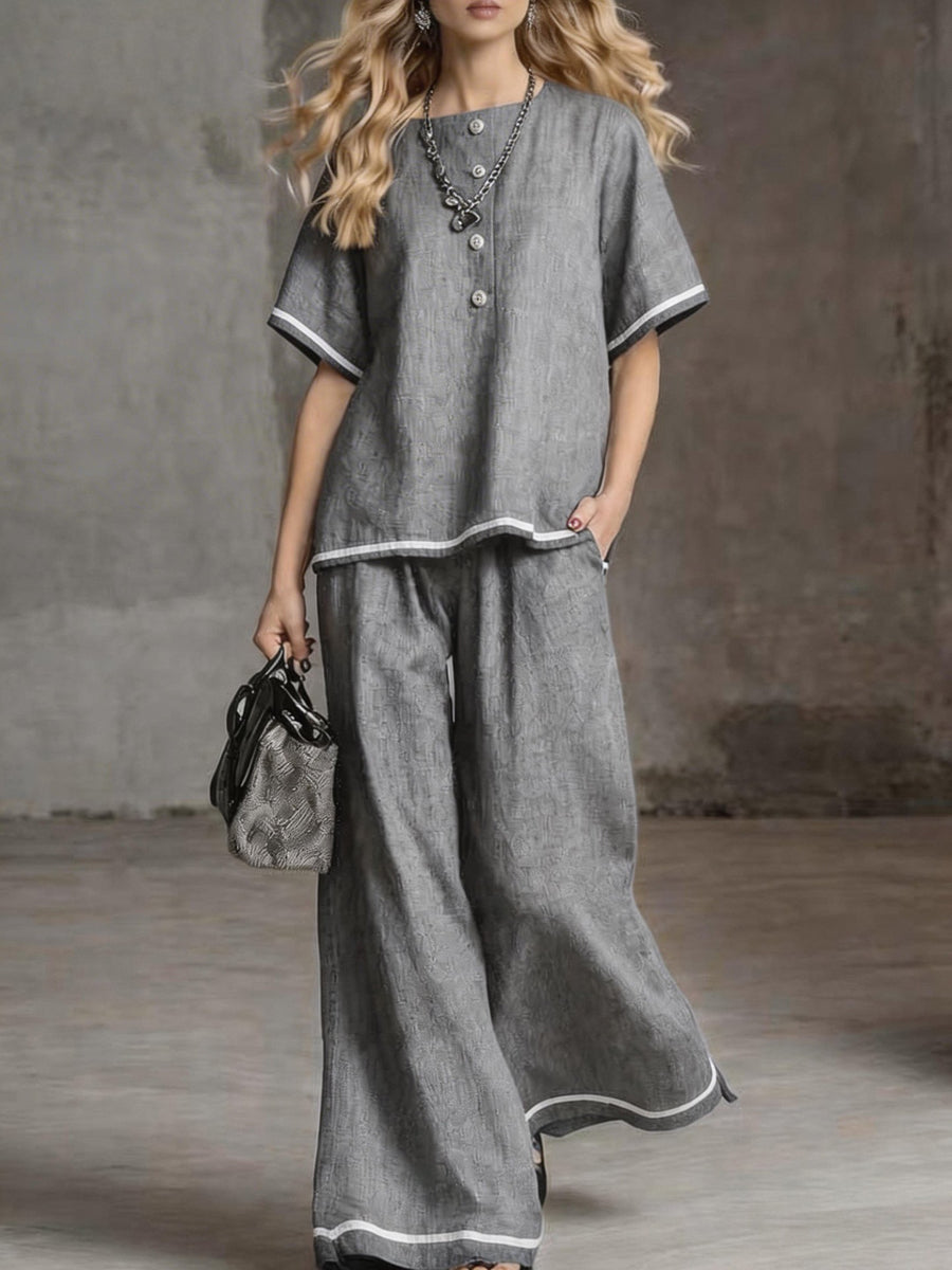 Loose Short Sleeves Buttoned Pockets Solid Color Round-Neck Blouses Top + Pants Bottom Two Pieces Set