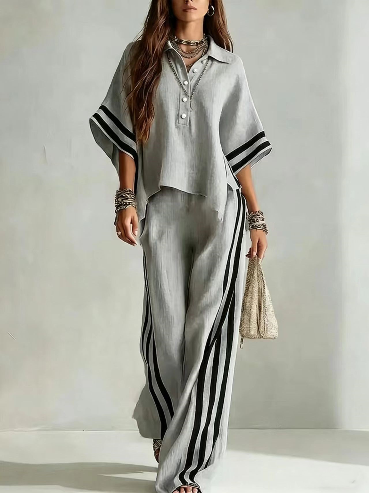 Women's Short-Sleeve Shirt and Pants Two-Piece Set in Yellow – polyester casual commuter matching