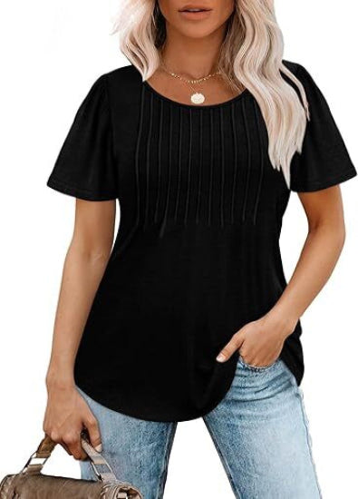 🔥Last day promotion🔥Womens T Shirts Short Sleeve Pleated Dressy Casual Scooped Neck Summer Tops Blouses