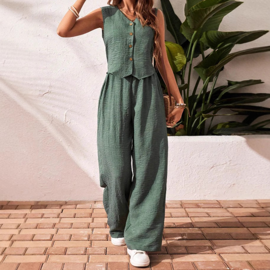 V-Neck Button-Front Vest and Trousers Casual Set