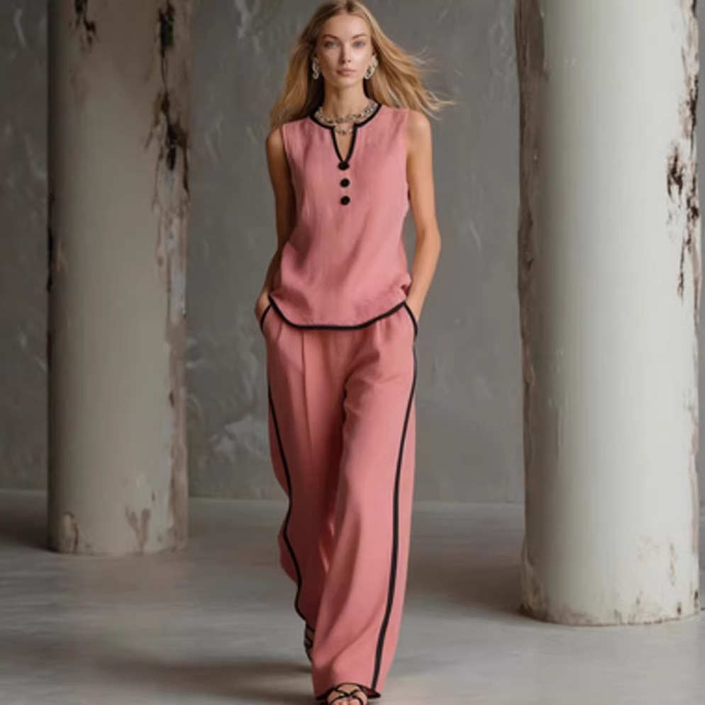 New Summer Arrival: V-Neck Sleeveless Shirt + Wide-Leg Pants Set