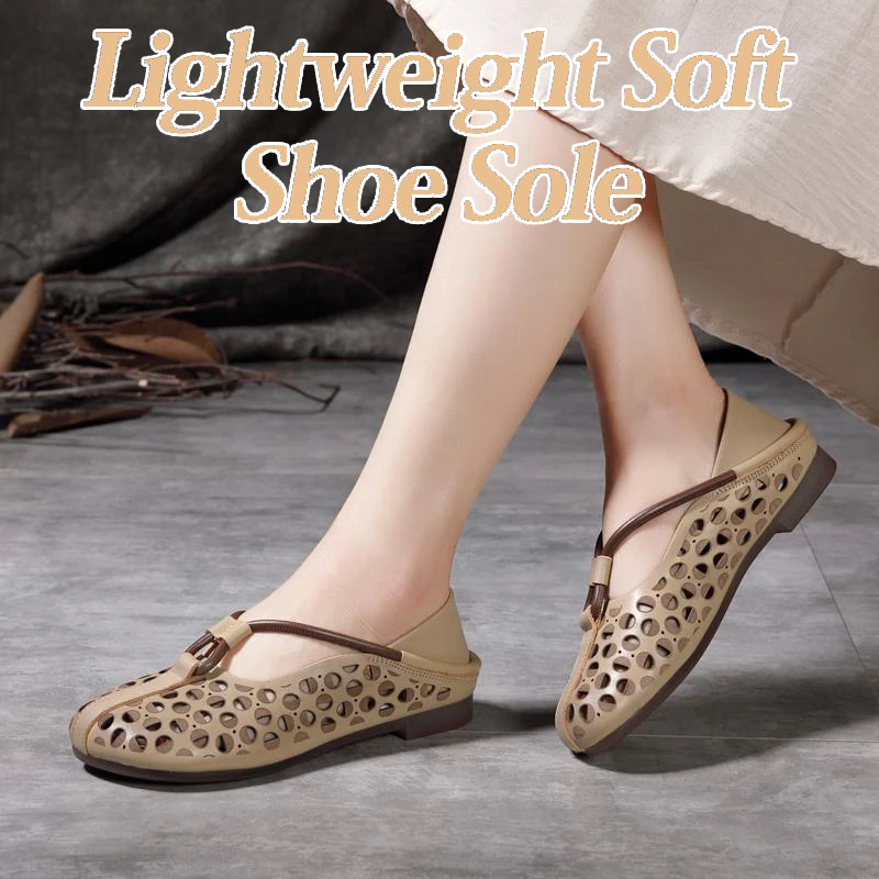 Women's retro hollow soft leather shoes Flat Cutout Sandals