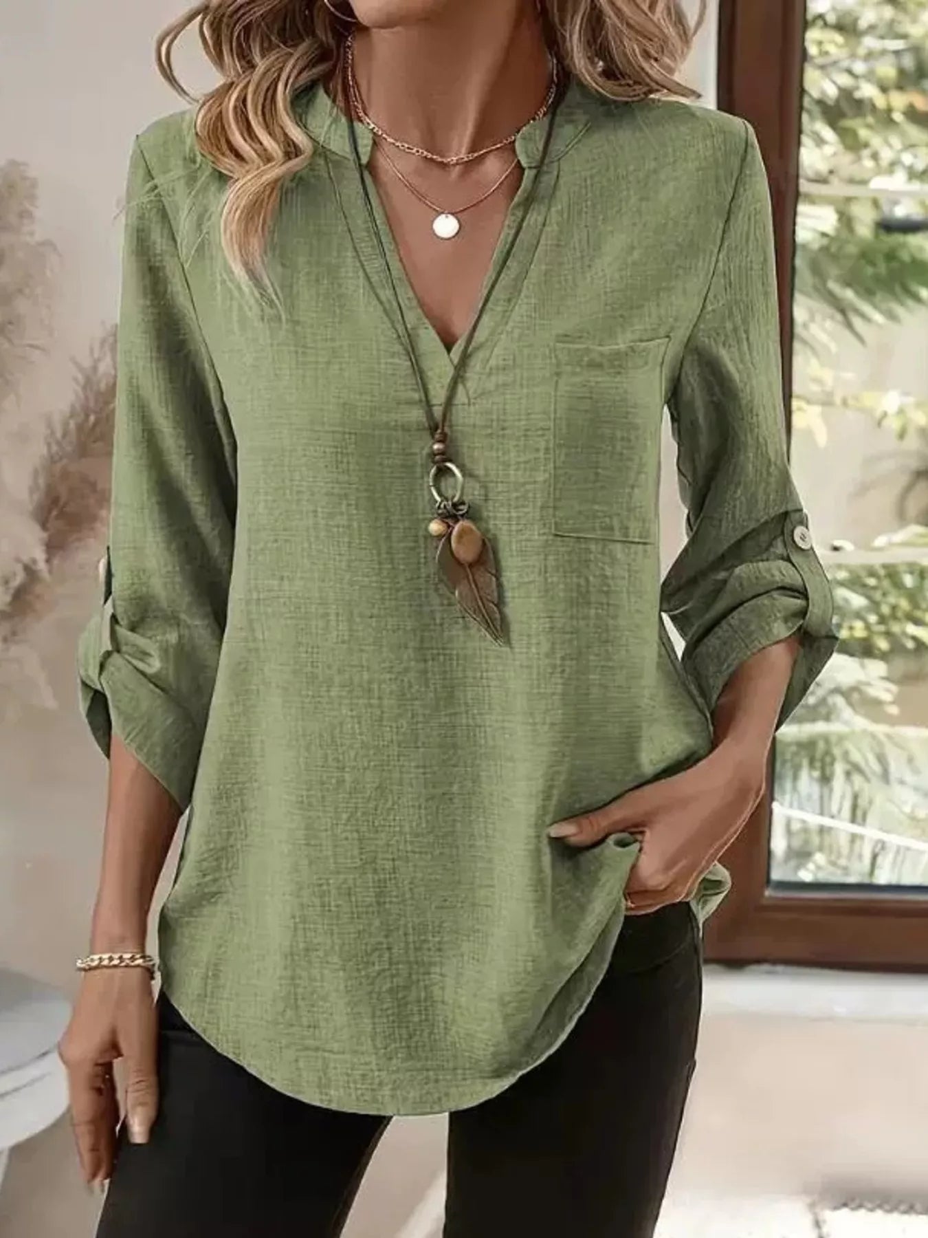 Puredrum Women's Roll-Up Sleeve Notched Neck Blouse, Ivory Casual Button Top