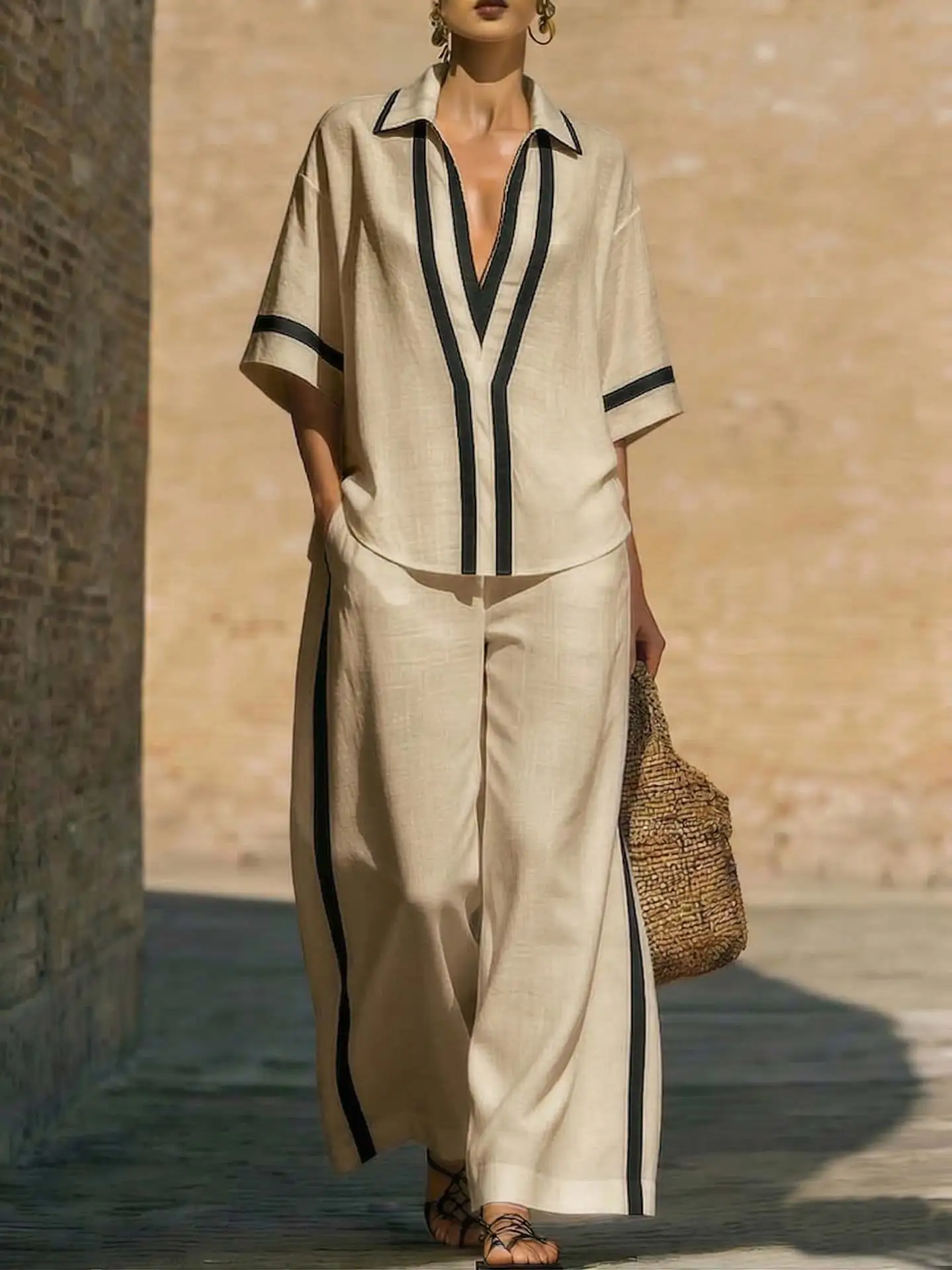 Color Block Short Sleeve Top And Wide Leg Pants Two Piece Set