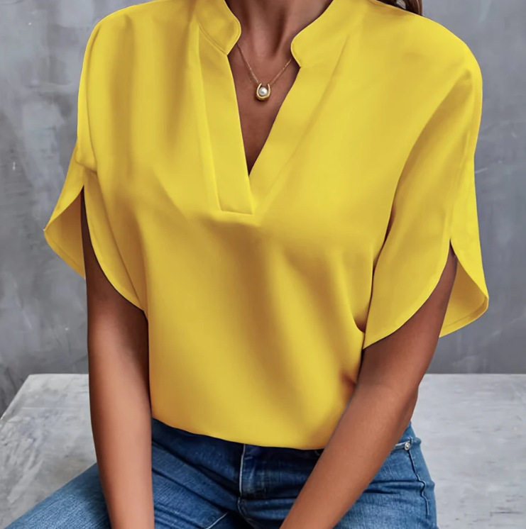 Elegant Women's Top: Solid-Color, Loose-Fit V-Neck Shirt
