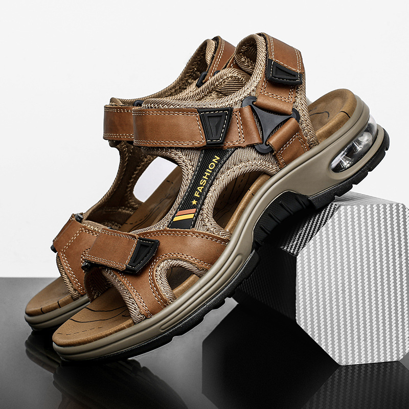 Leather men's sandals with air cushioning for softness, comfort, and relief from foot pain.