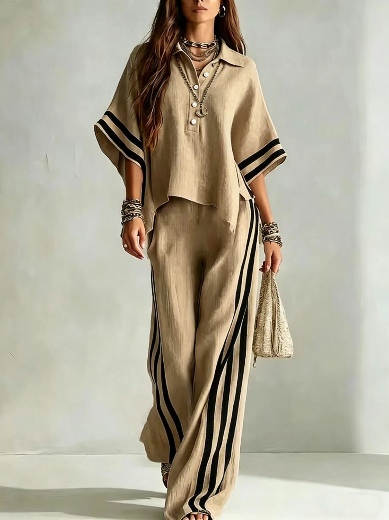 Women's Short-Sleeve Shirt and Pants Set in Gray – loose pants polyester elegant commuter two-piece