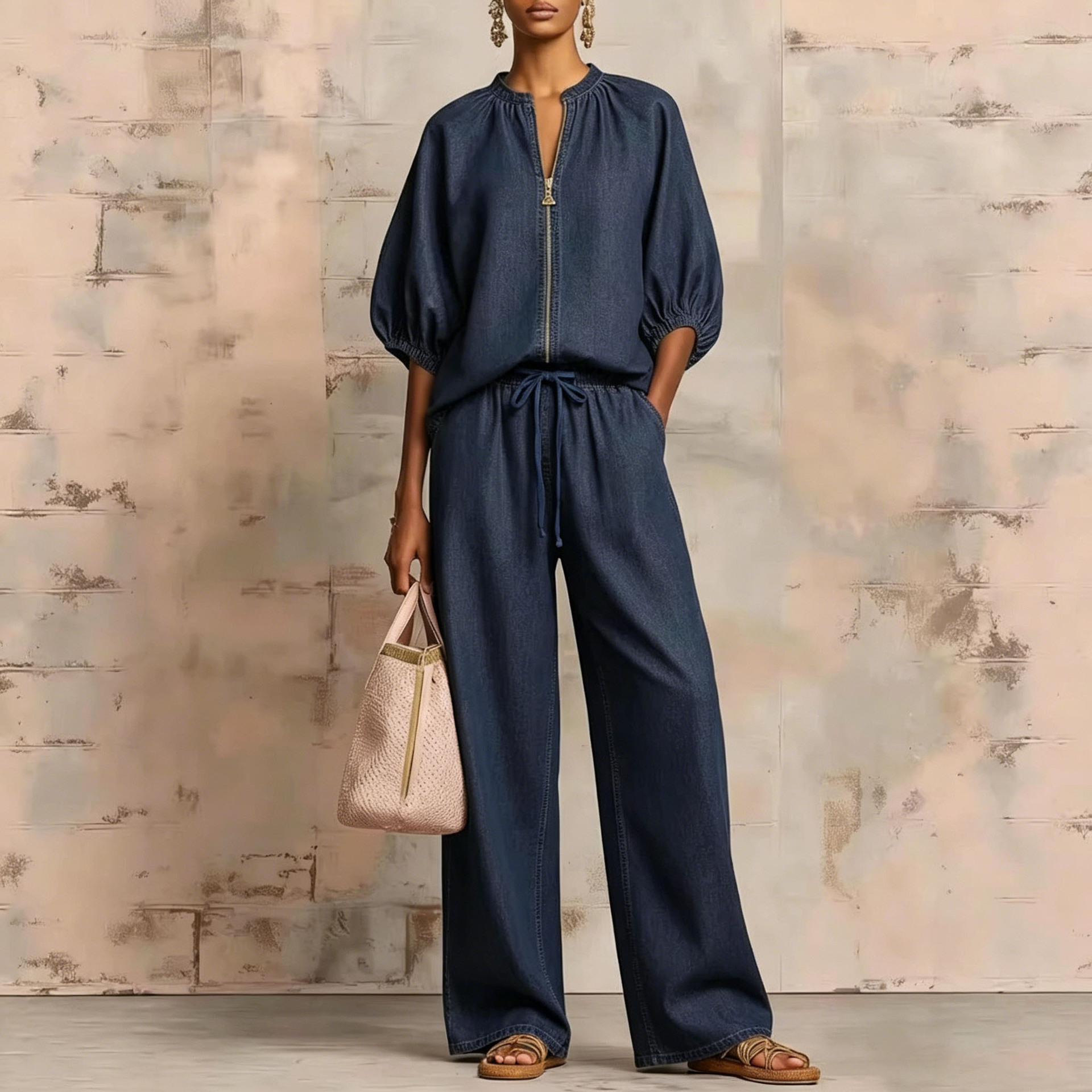 New Arrivals🔥 Stylish Cozy Zipper Shirt & Wide-Leg Pants Linen Cotton Two-Piece Set