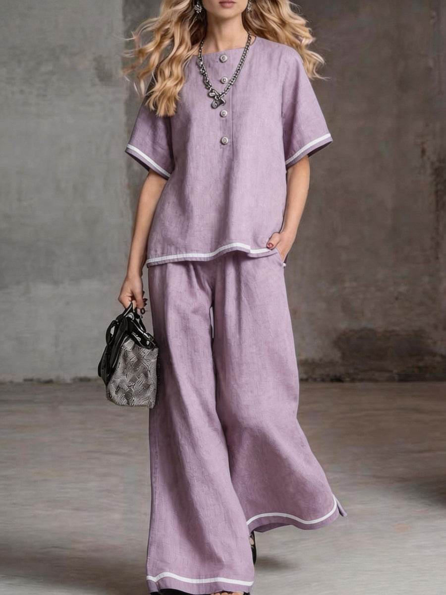 Loose Short Sleeves Buttoned Pockets Solid Color Round-Neck Blouses Top + Pants Bottom Two Pieces Set