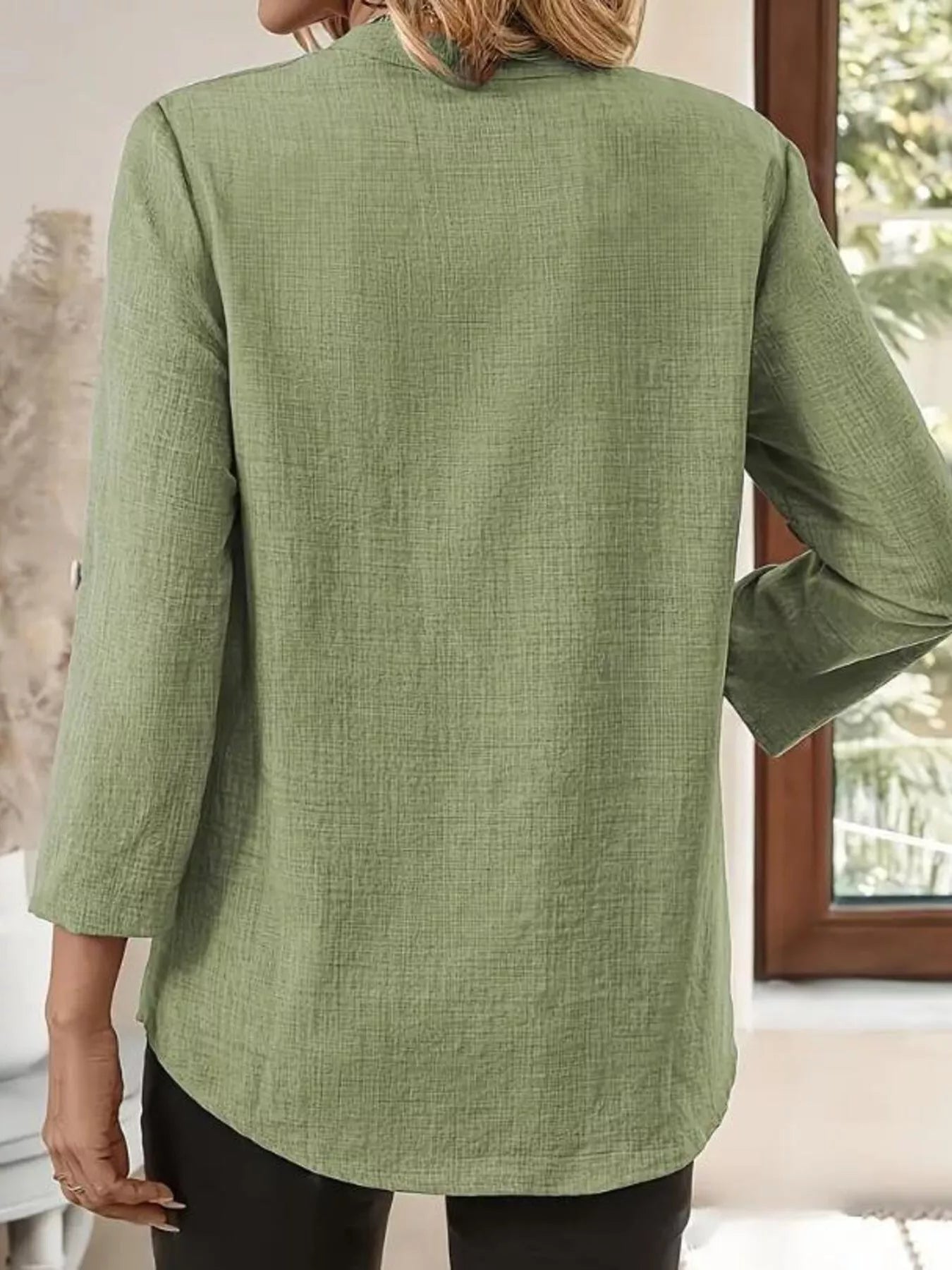 Puredrum Women's Roll-Up Sleeve Notched Neck Blouse, Ivory Casual Button Top