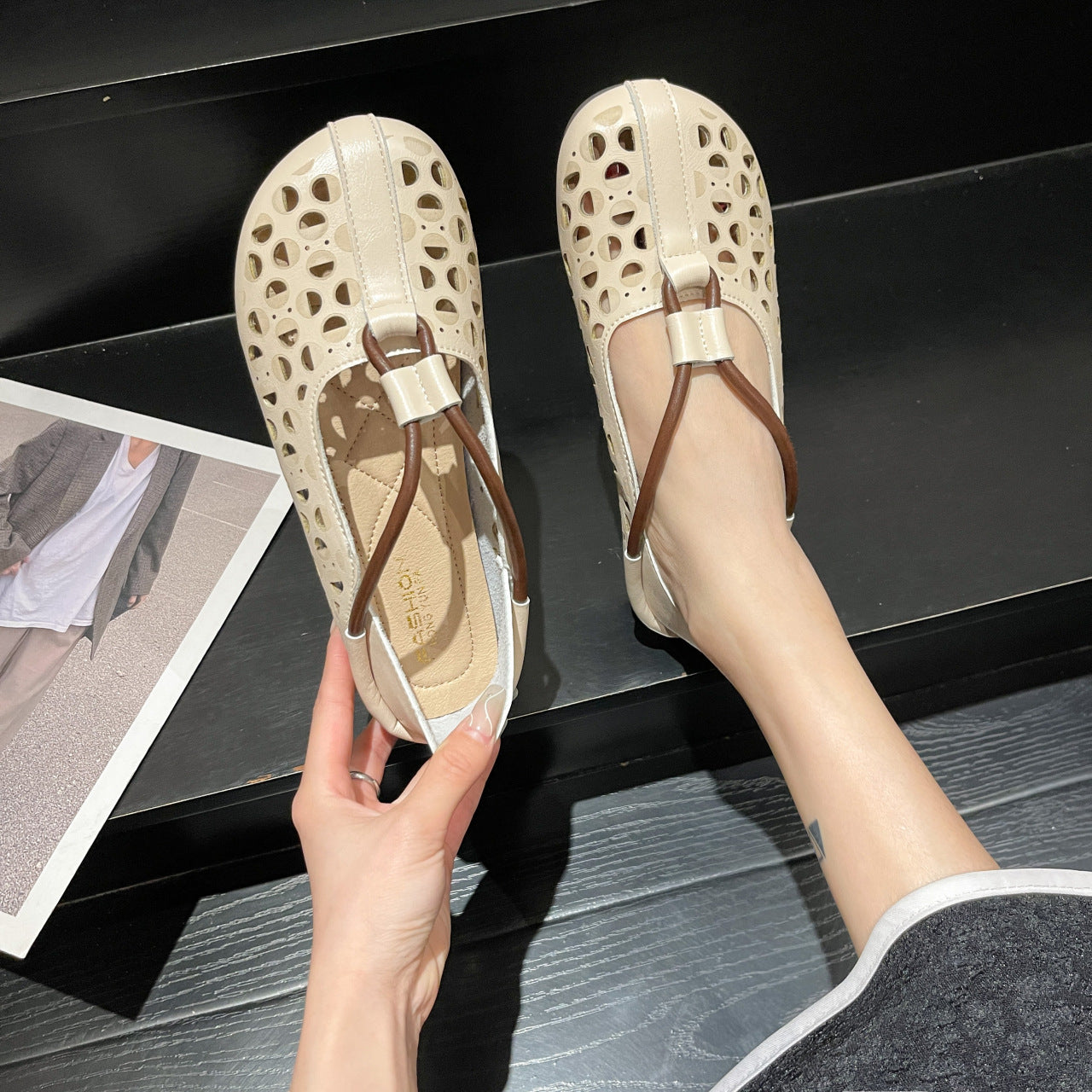 Women's retro hollow soft leather shoes Flat Cutout Sandals