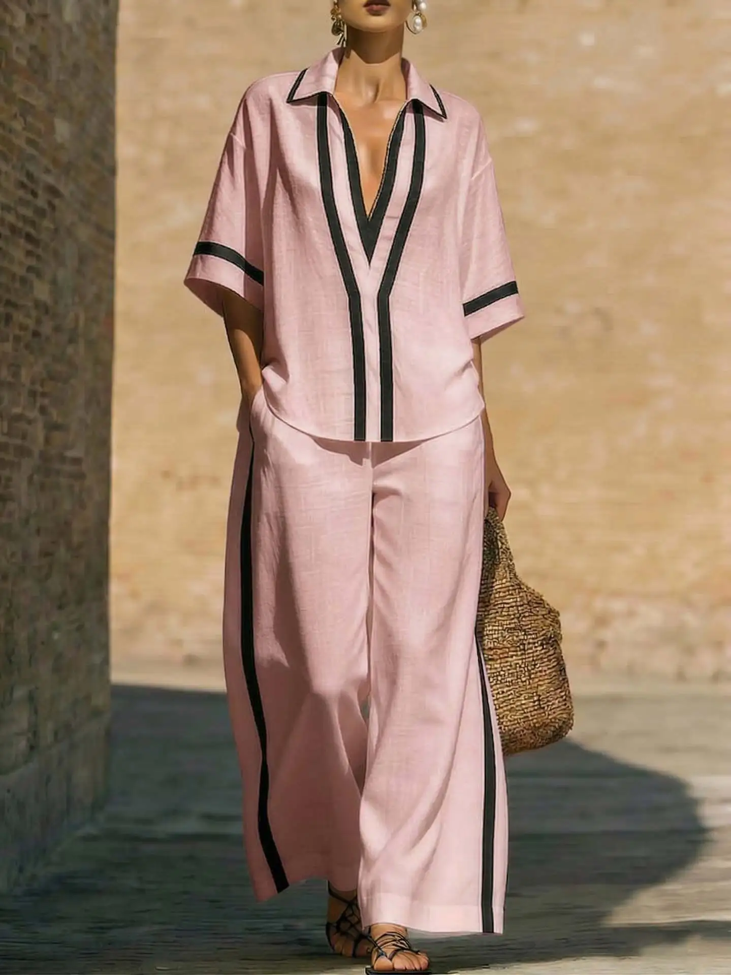 Color Block Short Sleeve Top And Wide Leg Pants Two Piece Set