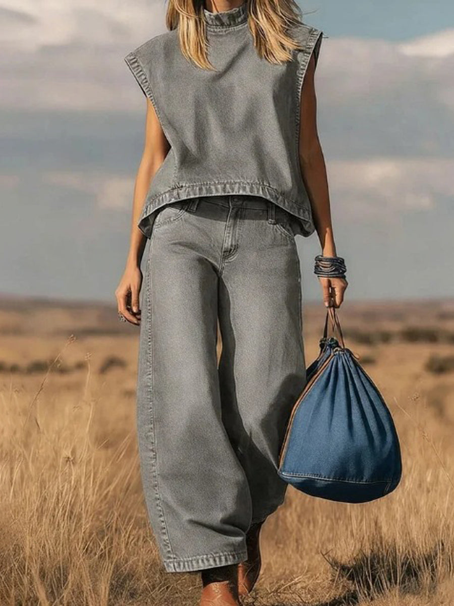 High Waisted Loose Pockets Solid Color Mock Neck Suits Vest Top + Pants Bottom Two Pieces Set