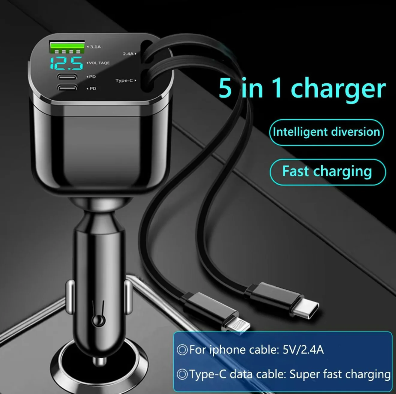 Retractable In-Car Phone Charger — Compatible with a Wide Range of Electronic Devices