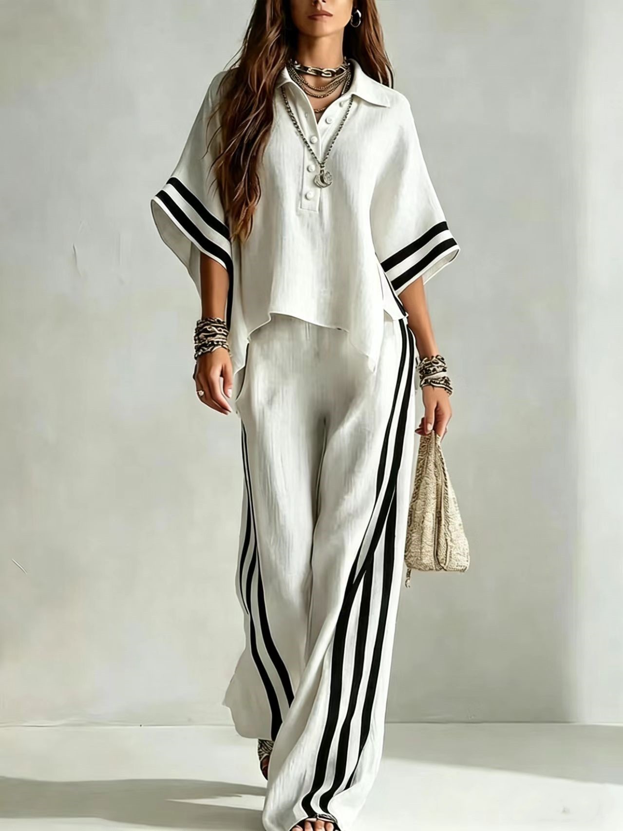 Women's Short-Sleeve Shirt and Loose Pants Set in Pink – elegant commuter polyester two-piece
