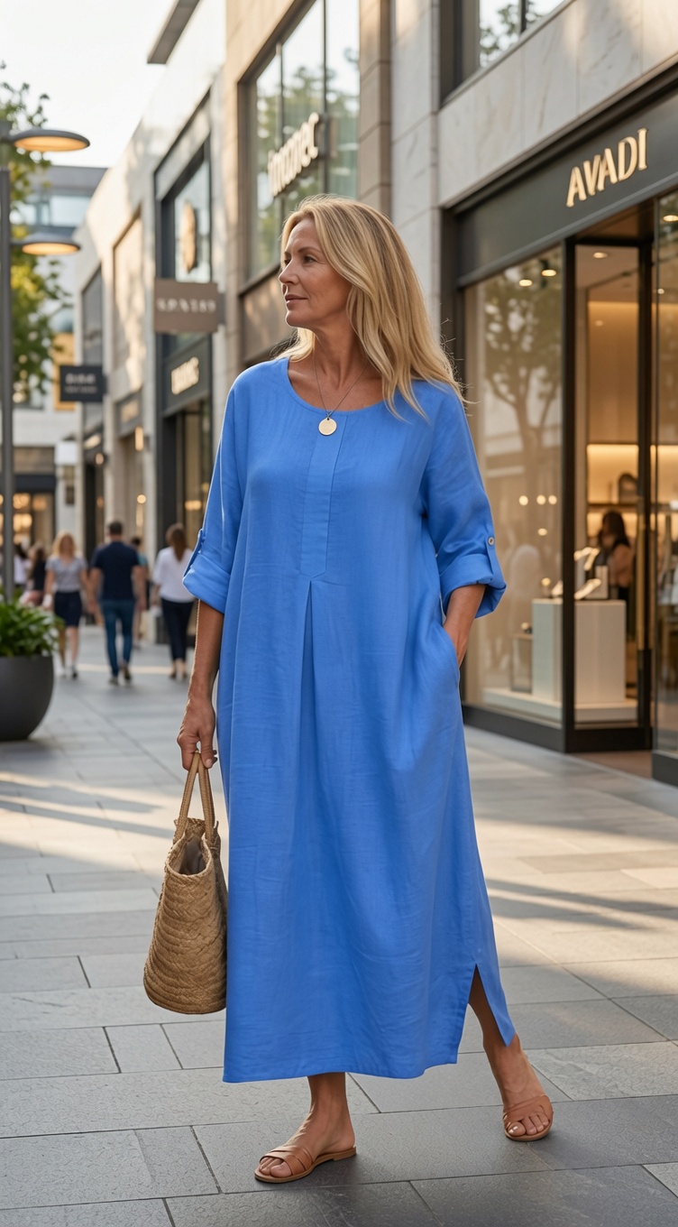 Solid-color short-sleeve cotton-linen dress