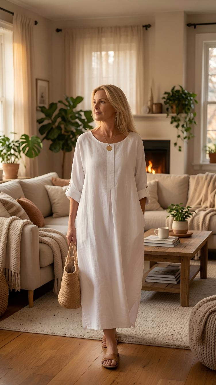 Solid-color short-sleeve cotton-linen dress