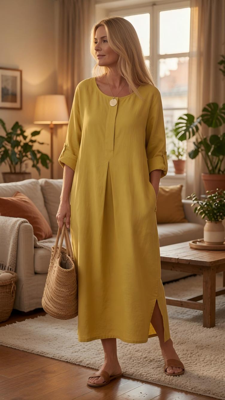 Solid-color short-sleeve cotton-linen dress