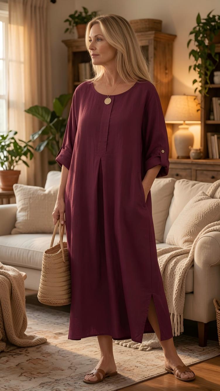 Solid-color short-sleeve cotton-linen dress