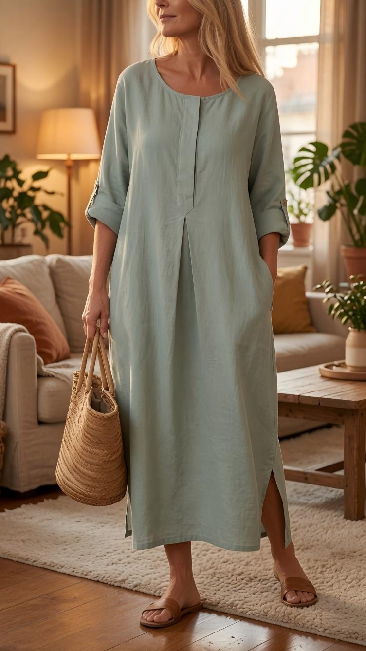 Solid-color short-sleeve cotton-linen dress