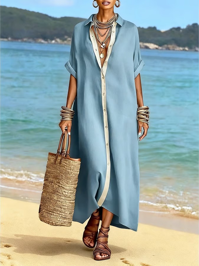 Women's Casual Lapel Color-Block Cotton-Linen Shirt Dress