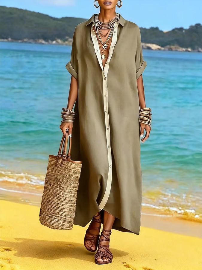 Women's Casual Lapel Color-Block Cotton-Linen Shirt Dress