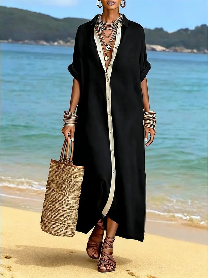Women's Casual Lapel Color-Block Cotton-Linen Shirt Dress